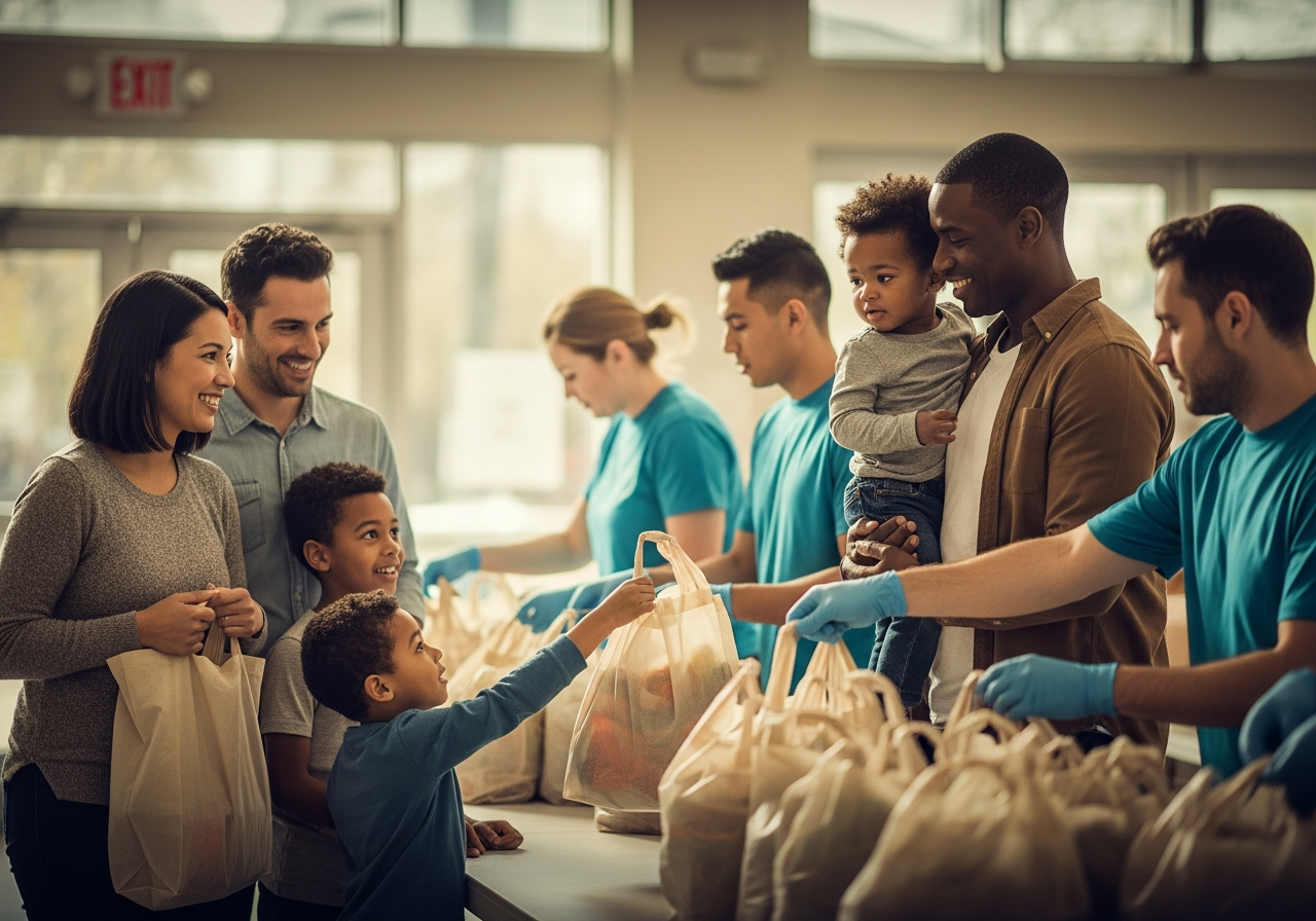 Volunteers handing reusable grocery bags to a family at a community food pantry